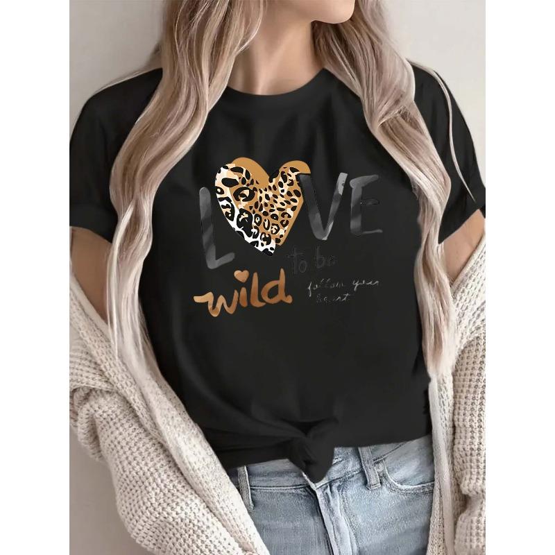European Size Women's Valentine's Day Love Leopard Print T-Shirt - Soft Lightweight Round Neck Casual Tee with White Base & Print for Date Night