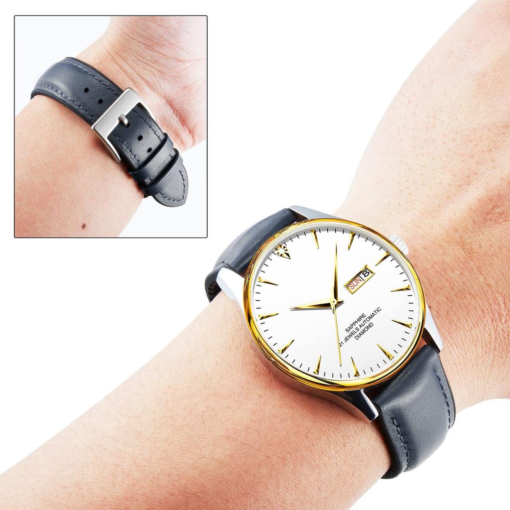 [BINLUN] Leather Watch Band with Rubber Lining, Breathable Hybrid Quick-Release Watch Strap, Smartwatch Strap, Unisex (Dark Blue, 22mm, Silver Buckle)