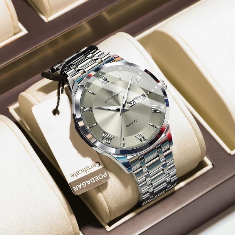 POEDAGAR Luxury Fashion Men Clock Waterproof Luminous Week Date Sports Wristwatch Stainless Steel Quartz Watches Reloj