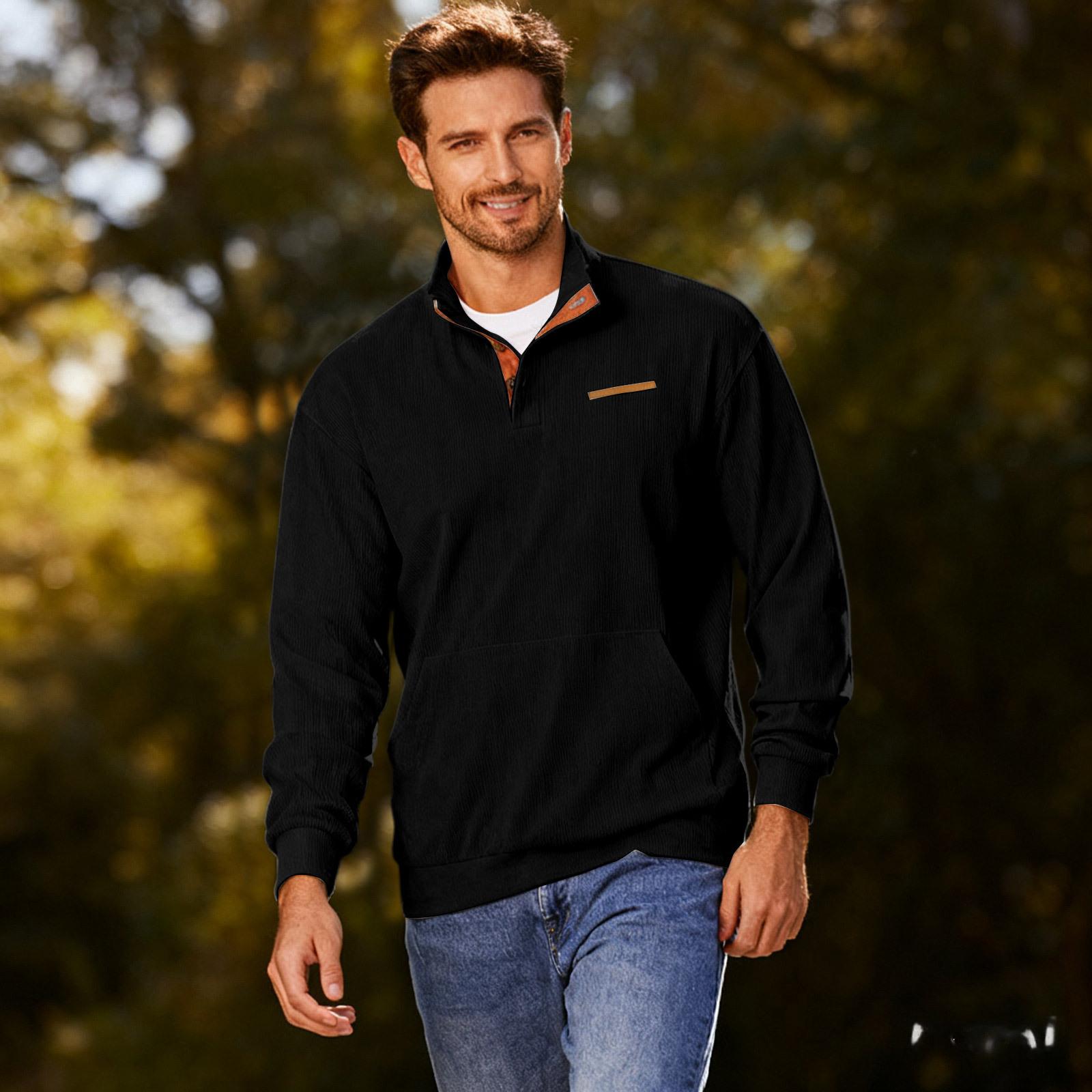 

Men s Casual Loose Solid Color Outdoor Corduroy Stand Up Collar Long Sleeved Fake Pocket Hoodie L чёрный