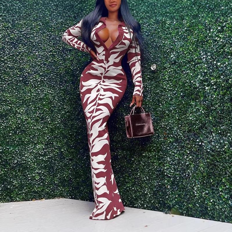 2025 Autumn/Winter Women's Bodycon Lapel Button-Down Printed Long Dress
