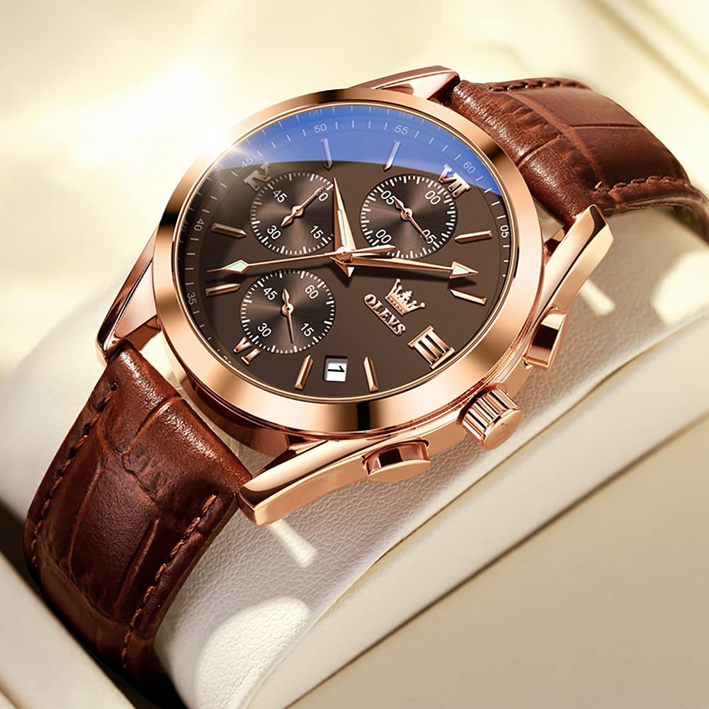 Brand Brown Leather Date Quartz High School Day watch for men OLEVS Men's Wristwatch, Waterproof, Gold, Name, Simple, Stylish, Business, Strap,