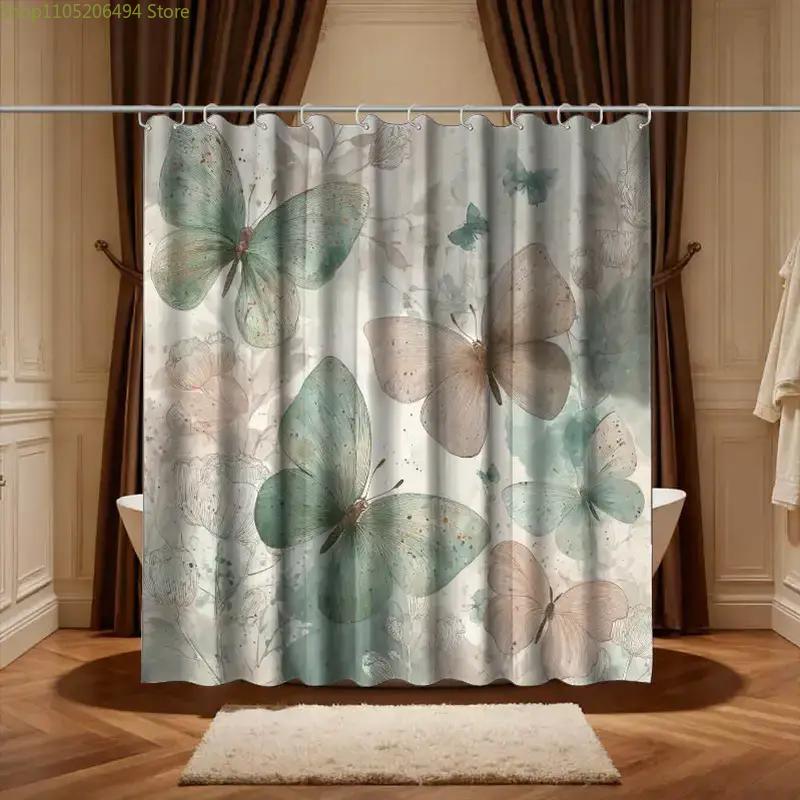 1pc Bathroom Shower Curtain, Butterfly Garden Visit Experience, Anniversary Shower Curtain, with 12 Hooks, 180*180Cm Bathroom