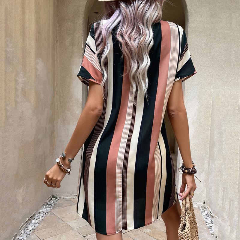 Women's Striped V-neck Dress Spring Summer Fashion Casual A-line Dress