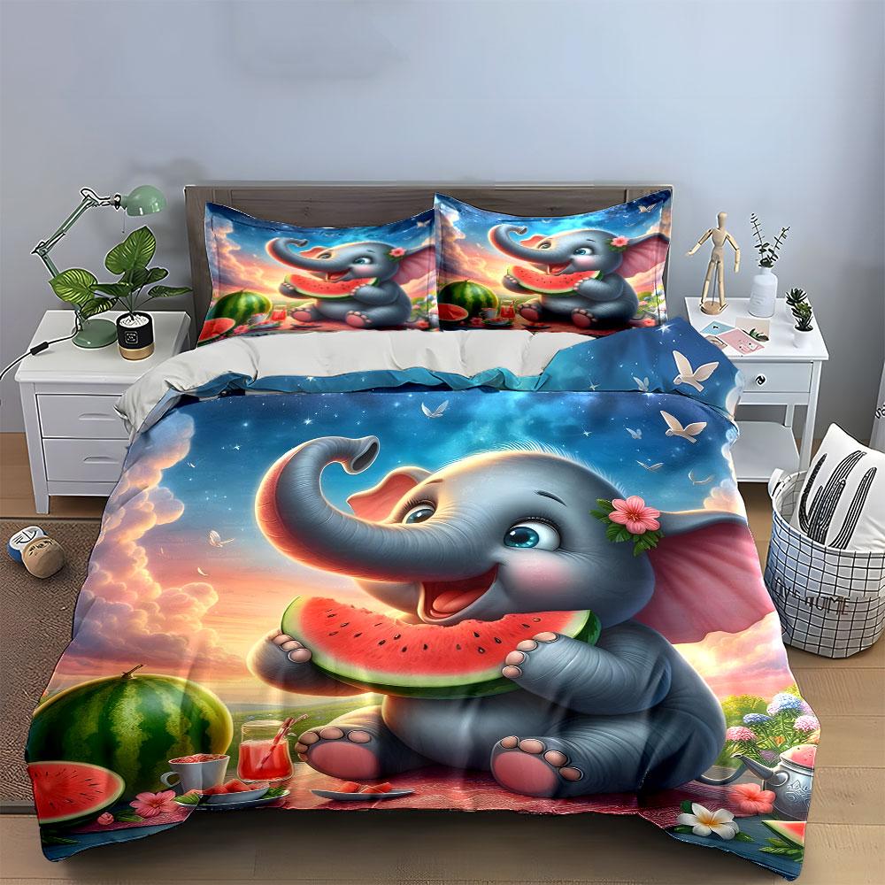 Cute Elephant Picnic Decor Bedding Set With 1 Duvet Cover 2 Pillowcases Single Double King Queen, Gift