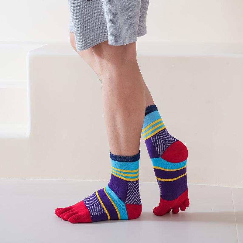 Men's Colorful Mid-Calf Pure Combed Cotton Five-Finger Socks - Warm, Thickened, Split Toe Design