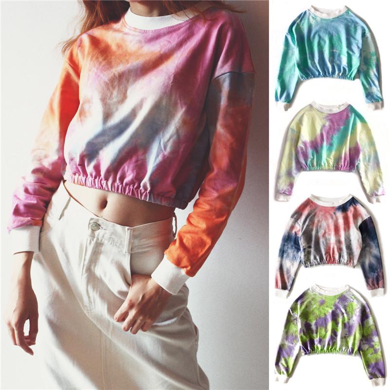 Rainbow Gradient Crop Top Women Long Sleeve Tops Pullover Oversized ...