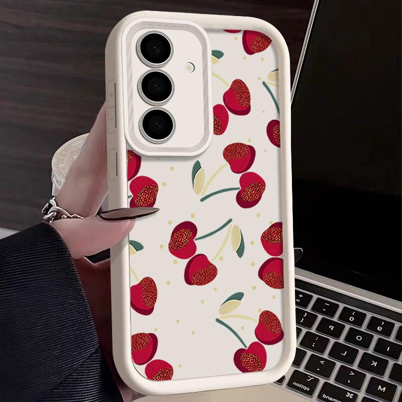 

Мягкий матовый чехол для телефона с принтом вишни для Samsung S25 Ultra S24 FE S23 Plus A56 A16 A36 A55 A06 A26 A15 A35 A05 TPU защита объектива противоударный чехол Samsung S25 античный белый