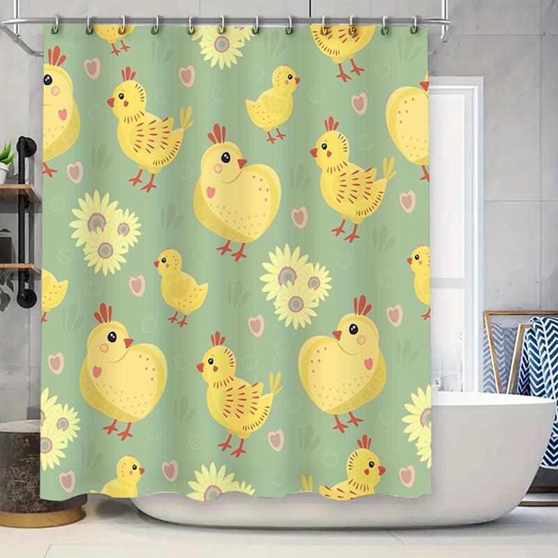 

Adorable Yellow Chicken Shower Curtain For Bathroom Decor Fabric Backdrop With Sunflowers Design, Customizable Size Available (G W60H190(CM)-1 Pcs