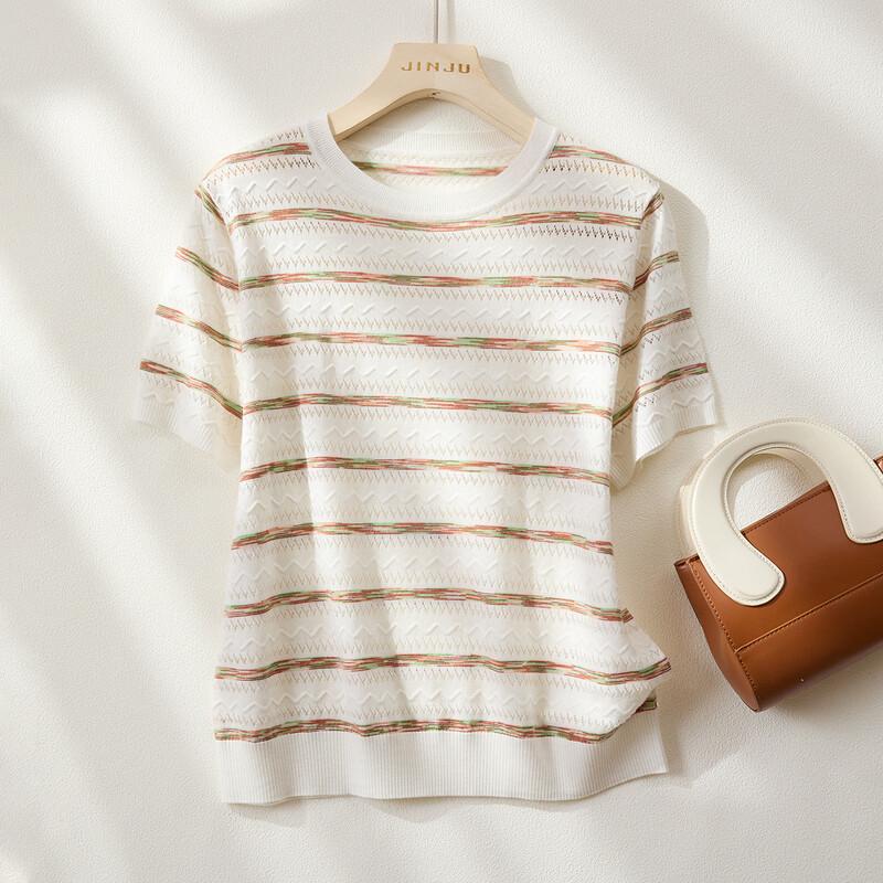 Jin Ju Women s Premium Silk Blend Striped Knit T-Shirt XL