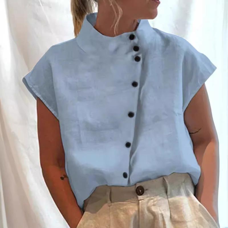 Stand Color Buttons Summer Women Blouse Casual Loose Fashion Shirts Solid Color Office Streetwear Simple Short Sleeve Tops New Sweet Clothing