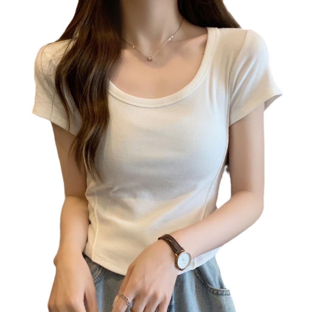 Irregular u-neck short-sleeved t-shirt women's new Korean version slim-fitting high-waisted and thin short student solid-color top trendy