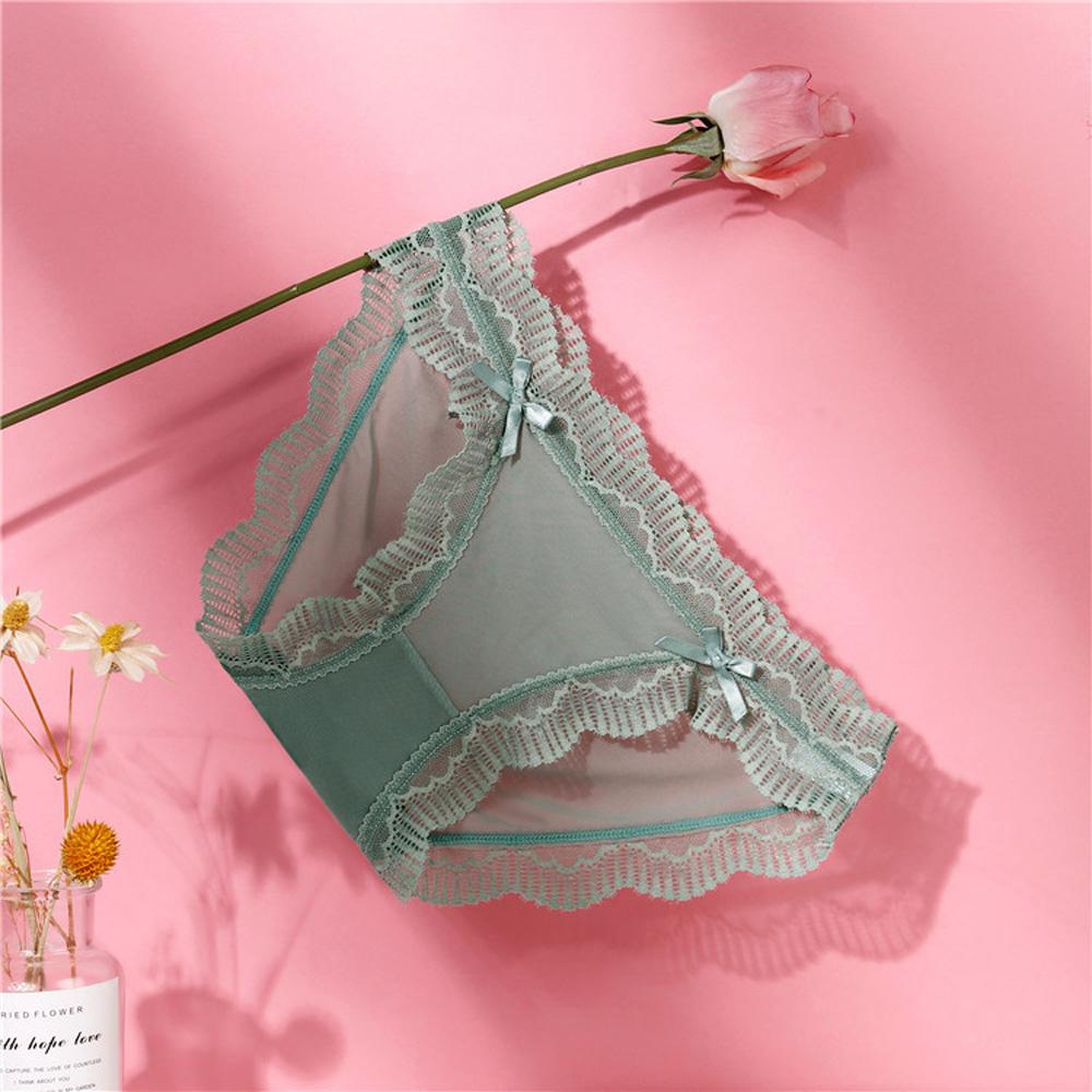 Women Mid‑Low Waist Sheer Mesh Panties Scalloped Lace Trim Double Bows Decor Soft Breathable Sweet Ladies Briefs Underwear Lingerie