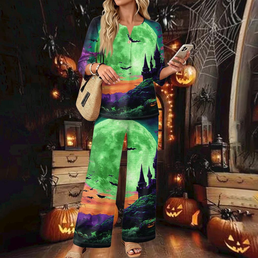 Women's Casual 2 Piece Outfit Set Printed 3/4 Sleeve Button Down Top Wide Leg Pants Wear