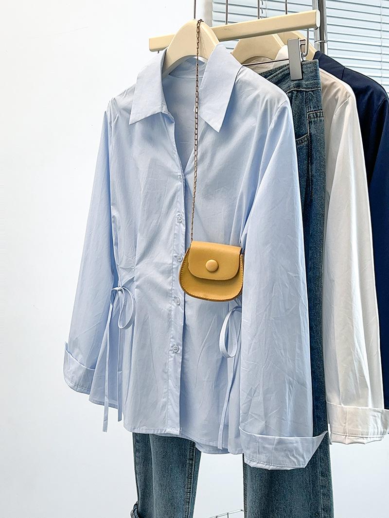 Plus Size Women s Fashionable Waist-Cinching Tie-Up Shirt Top 2XL синий