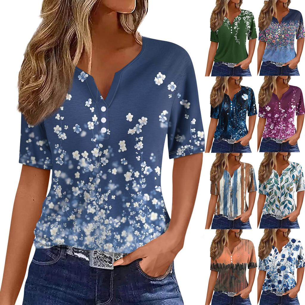 Women's T Shirt Tee Print Button Short Sleeve Daily Weekend Fashion Basic V- Neck Regular Top