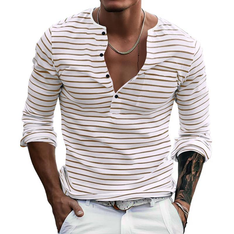 Herren gestreiftes Henley-Shirt Langarm Freizeit Knopfleiste V-Ausschnitt T-Shirt