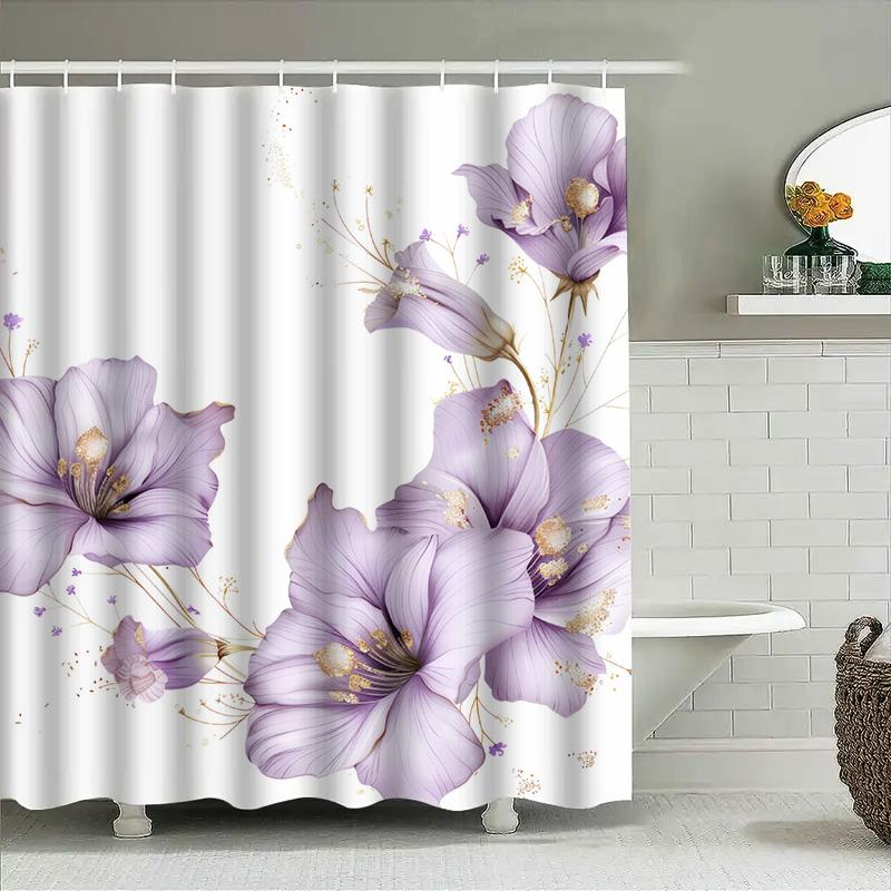 Floral Shower Curtain Bathroom Decor White Waterproof Printing Flower Bath Mat Shower Liner Washroom Decoration Custom Size Avai