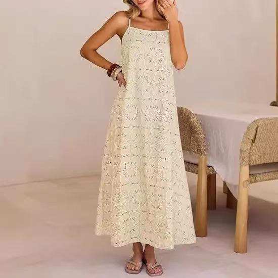 2026 European & American Sleeveless Women's Lace Dress - Solid Color with Button Straps