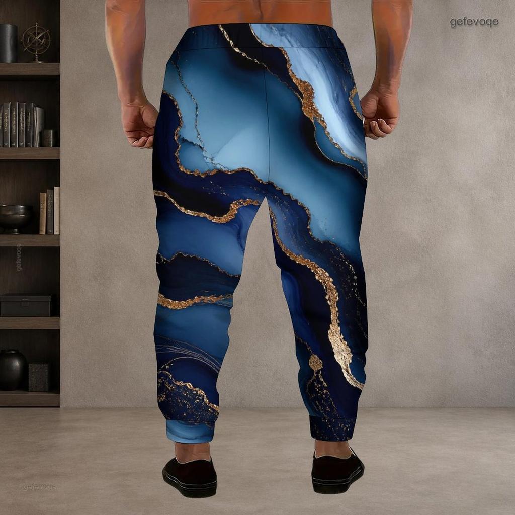Men S Plus Size Blue Gold Marble Printed Drawstring Jogger Pants Side Pockets Cuffed Ankle