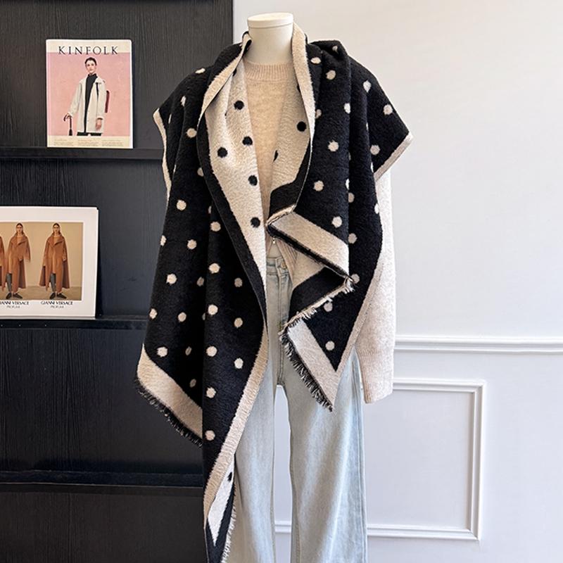 Luxuriöser Damen-Kaschmirschal - Winterwarmer Quasten-Streifen- und Tupfen-Druck Pashmina-Schal, Foulard & Poncho