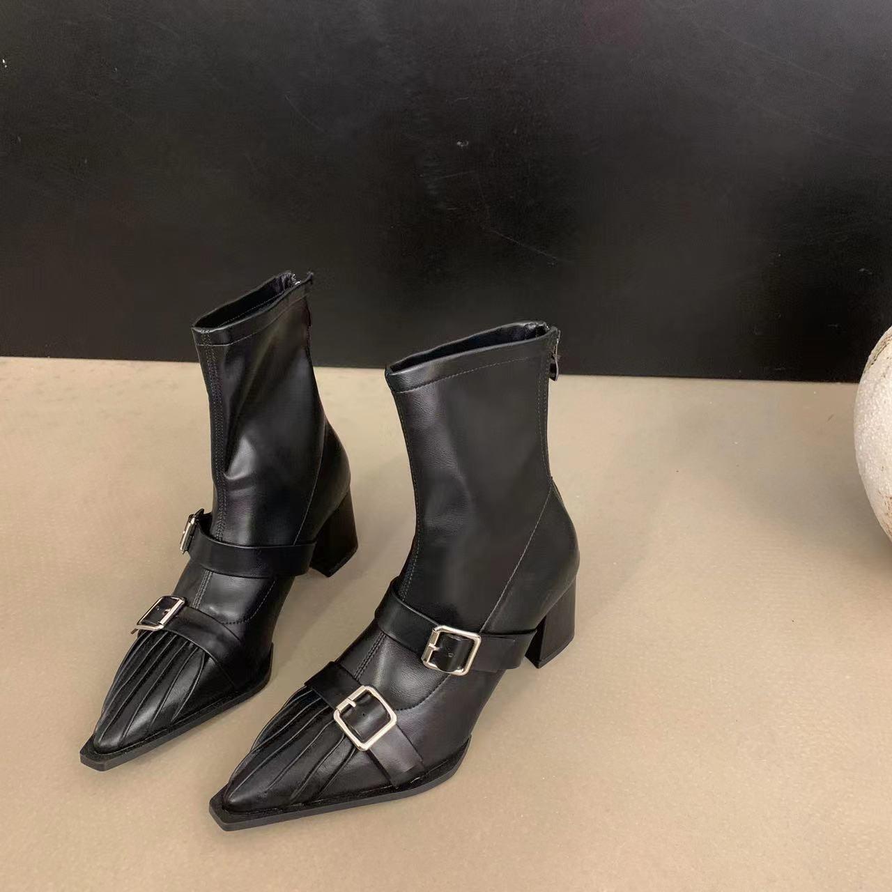 

2024 autumn and winter new belt buckle pointed high heel short boots women s metal buckle thick heel trend short thin boots boots 35