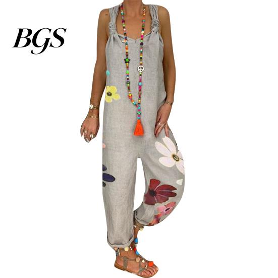 Kvinders Ærmeløs Hagesmækdragt Rygløs Blomstret Print Løstsiddende Jumpsuit Dungarees