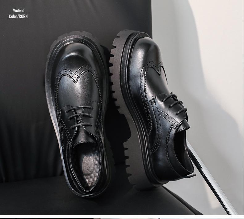 Men's Black Leather Derby Shoes with Thick Sole for Height Increase - British-Style Formal Brogue Round Toe for Weddings and Business.