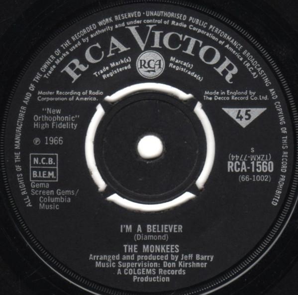 

7-дюймовая пластинка MONKEES Im A Believer RCA1560 RCA Victor 1966 UK Rock Б/у