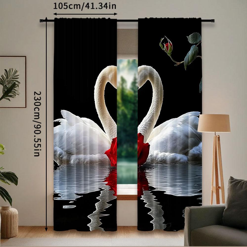 2Pcs Red Rose Curtain White Swan Birds Romantic Flower Wild Animals Happy Valentine'S Day For Bedroom Living Room Dining Room