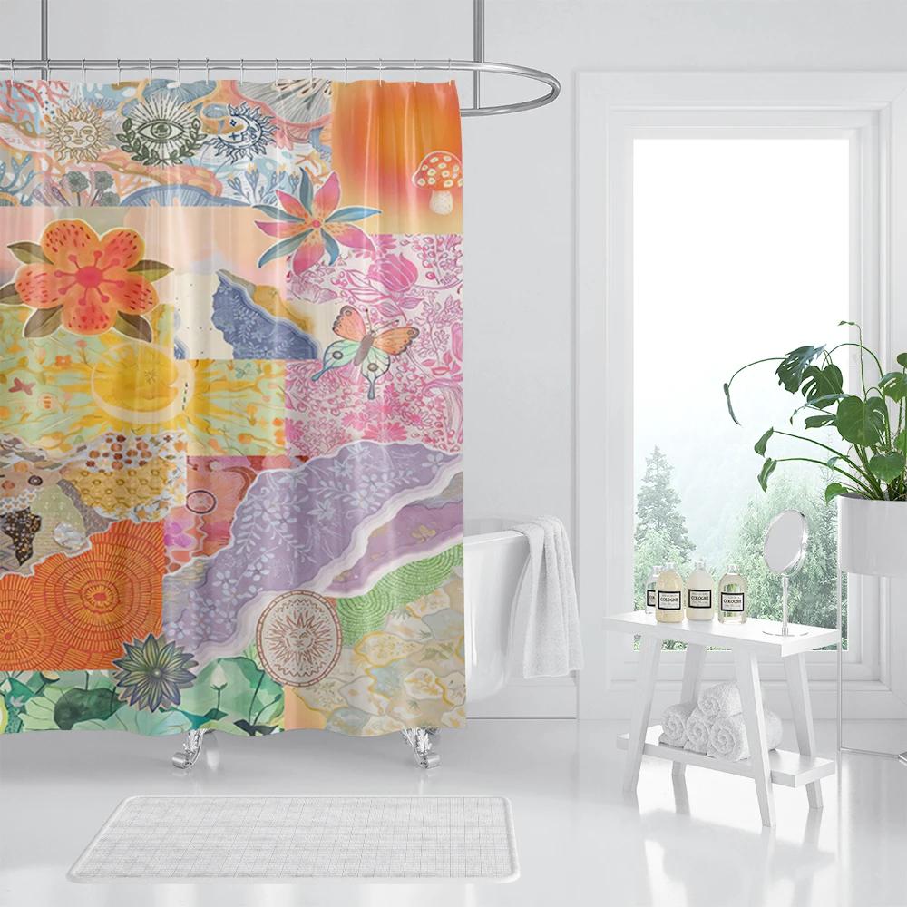 Bohemian Patchwork Print Shower Curtains for Bathroom Colorful Floral Vintage Shower Curtain Bathtubs Waterproof Fabric Screen