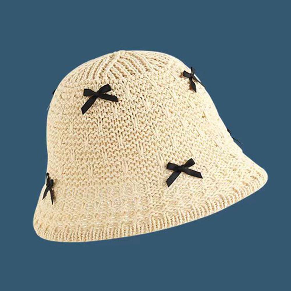 

Mini Bow Beach Straw Hat For Women Crochet Fisherman Hat Knitted Hollow Weaving Bucket Hat Sweet Foldable Breathable Sun Cap One Size белый