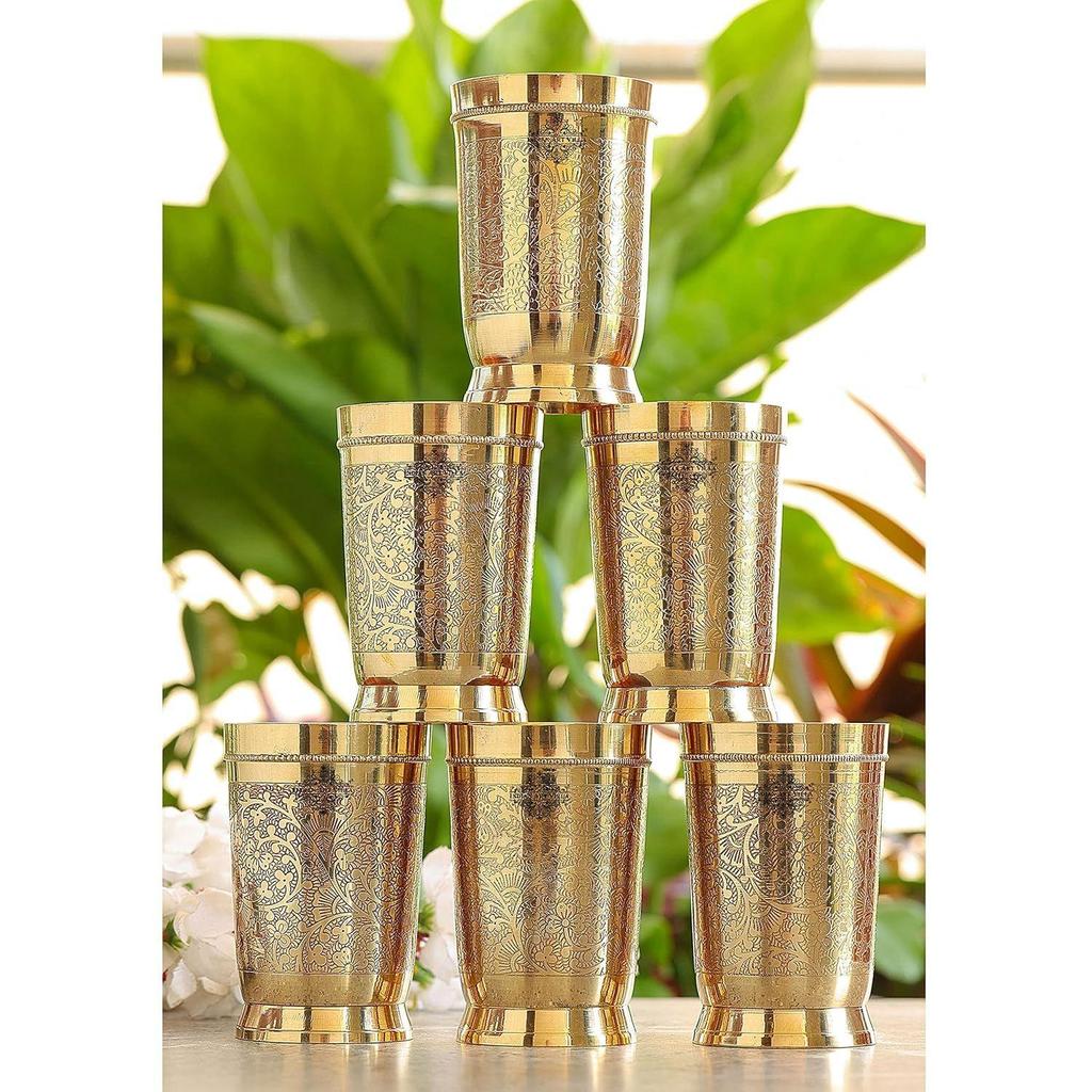 Pure Brass Glass Tumbler with Embossed Design, for Drinking Serving Water, Yoga & Ayurveda, Volume-300 ML, Set of 6