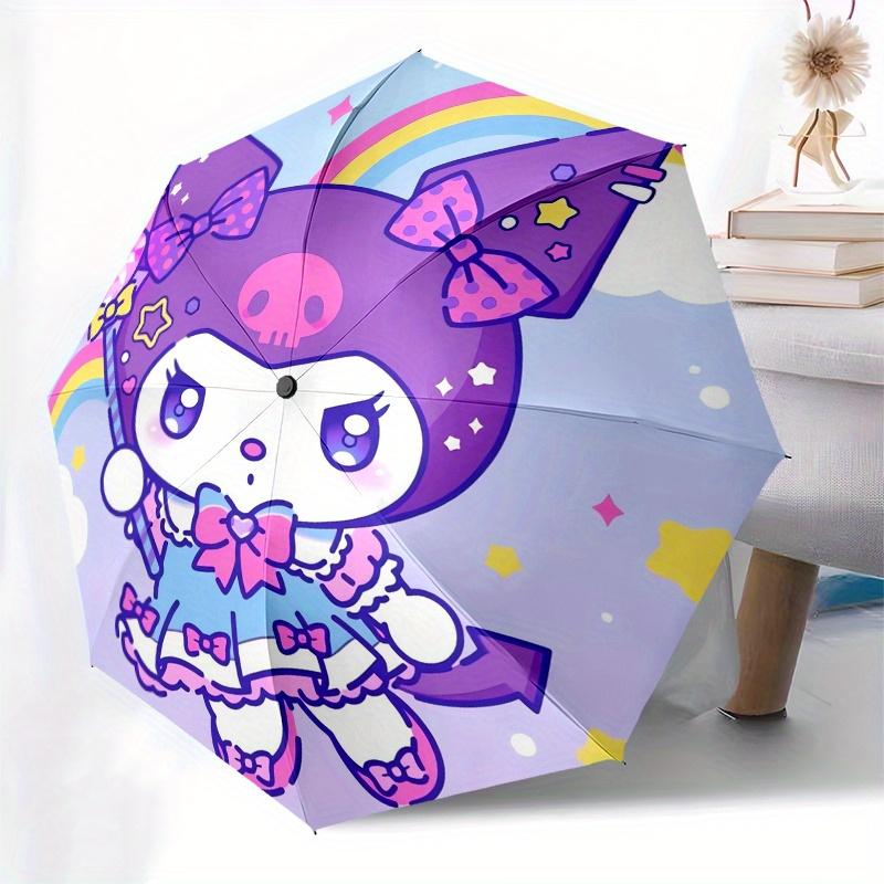 Kuromi Automatic Folding Umbrella-Simple 8-Rib Design, Bright Cartoon Pattern, Durable Iron Frame, Suitable For Travel, Outdoor, Beach-Cute