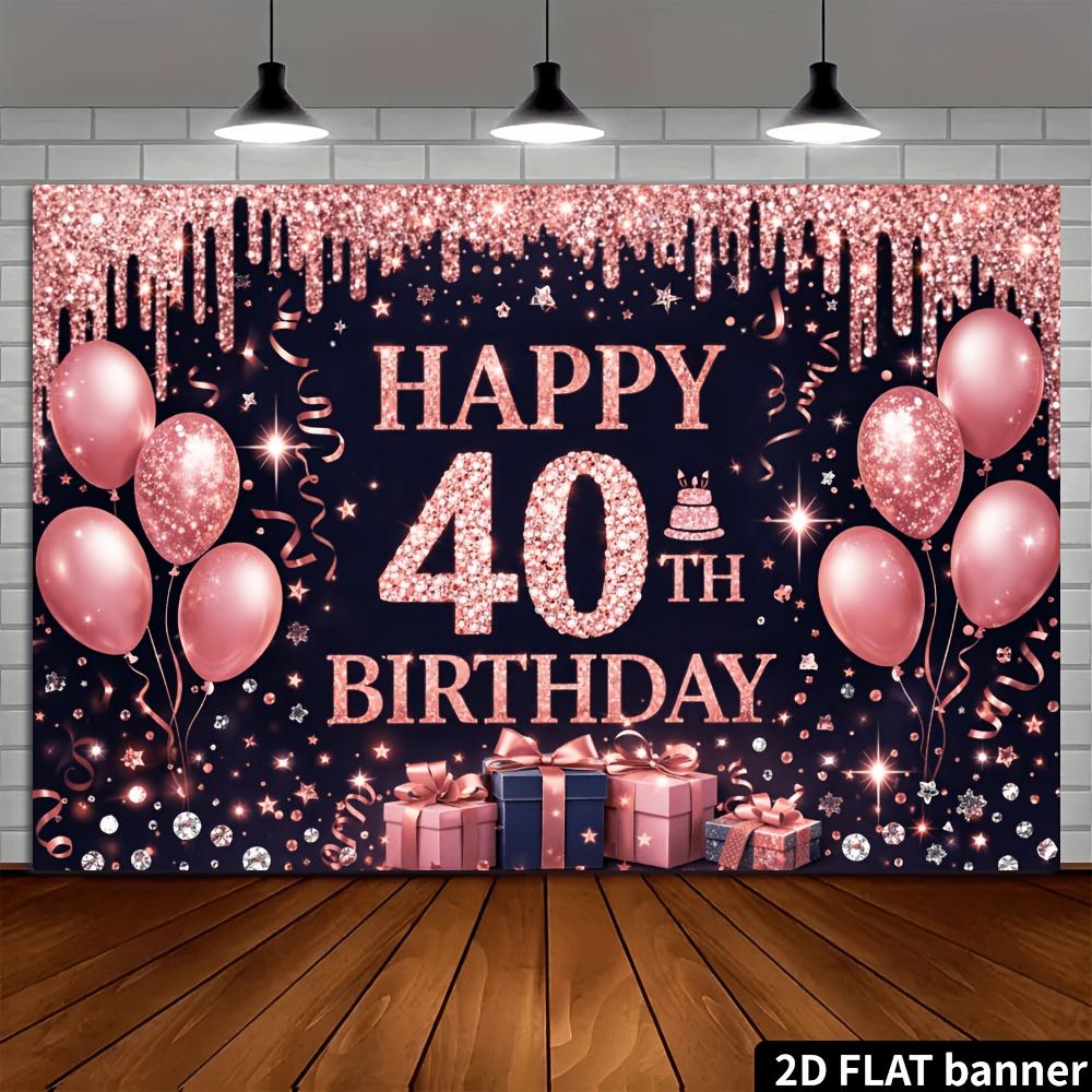 2D Flaches Banner - Hintergrundstoff für die 40. Geburtstagsparty - Schwarzer Hintergrund mit rosa-goldenem Glitzer und goldenem Glanz-Thema