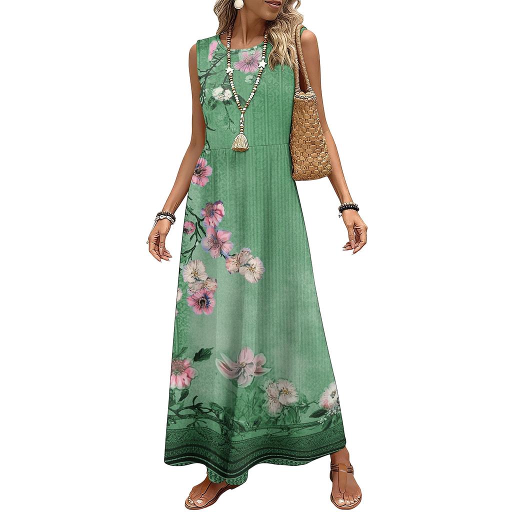 Ladies' Floral Print Casual and Fashionable Waist Cinched Sleeveless Dress