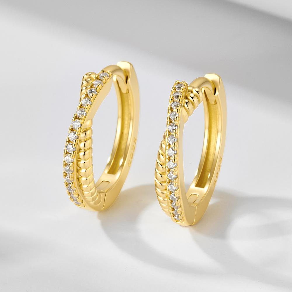 S925 Sterling Silver Diamond-encrusted Crossover Earrings Trendy Women K-Gold Zircon Geometric Circle C-shaped Stud Earrings Stud earrings золотой