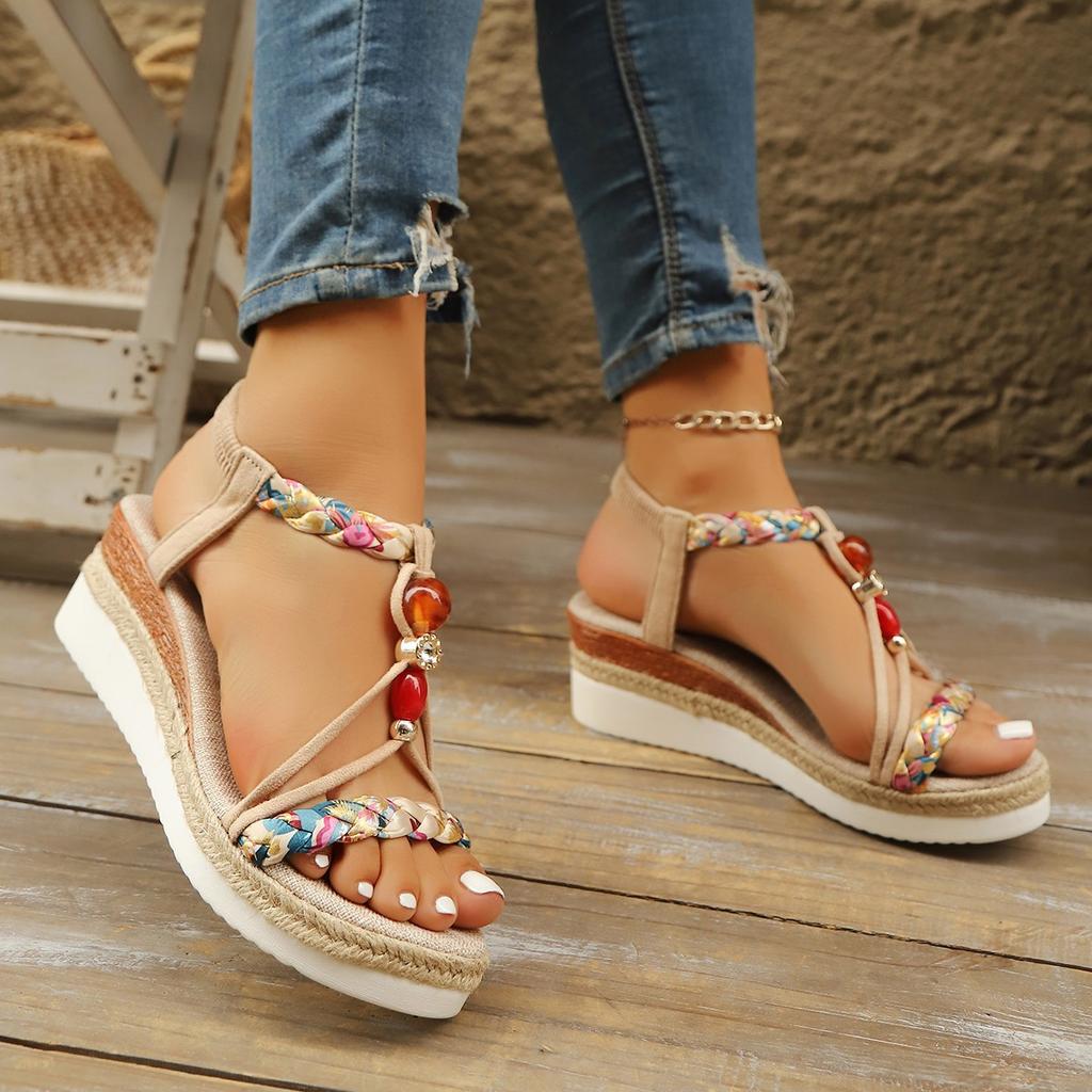 Summer Large Size Wedge Heel Sandals Bohemian Casual Ethnic Style Round Head Platform High Heel Sandals