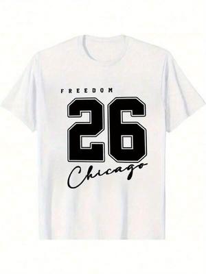 Unisex 100% Cotton T-shirt with Chicago 26 Freedom Graphic Print - White Short Sleeve Round Neck Tee
