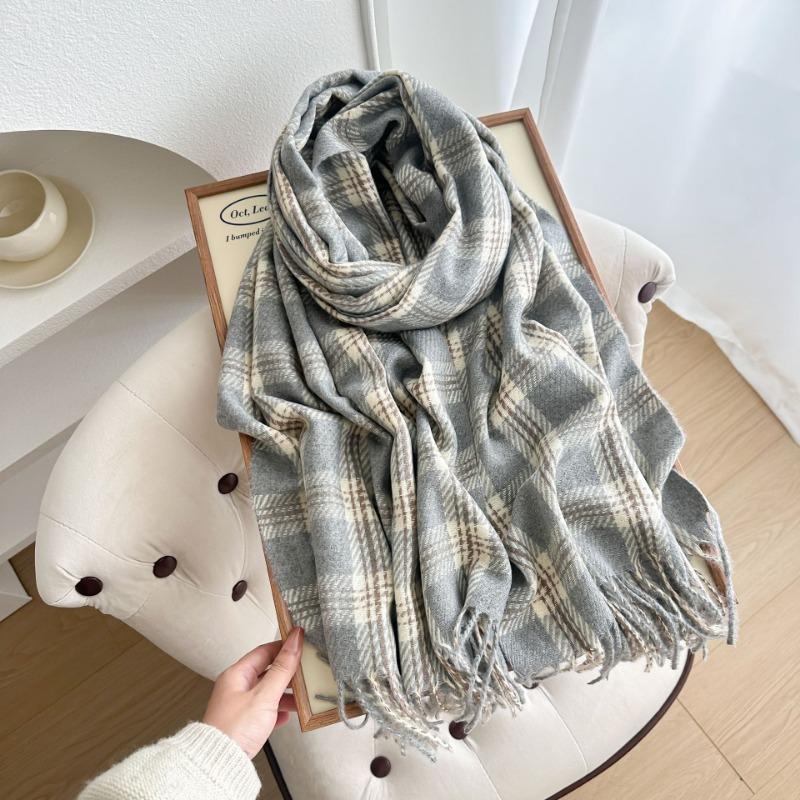 Autumn and Winter Gentle High-end Plaid Scarf Girls Dry Rose Pink Scarf Imitation Cashmere Fringed Scarf