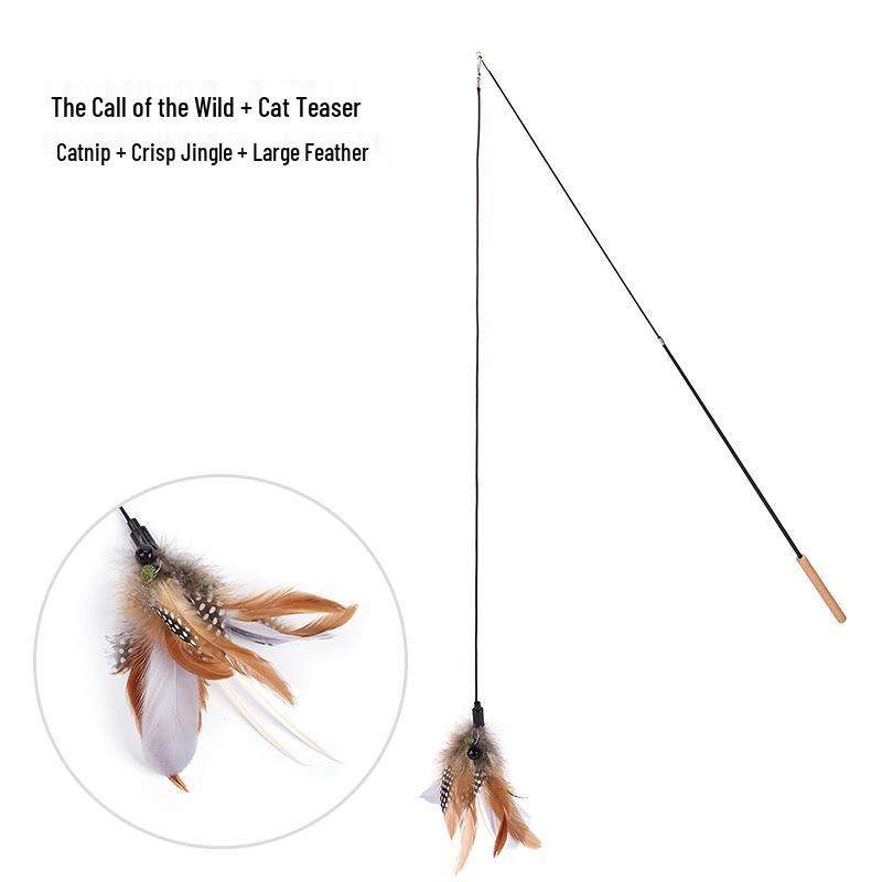 Retractable Cat Fishing Rod with Feather Teaser and Bite-Resistant Replacement Head for Self-Play and Boredom Relief.