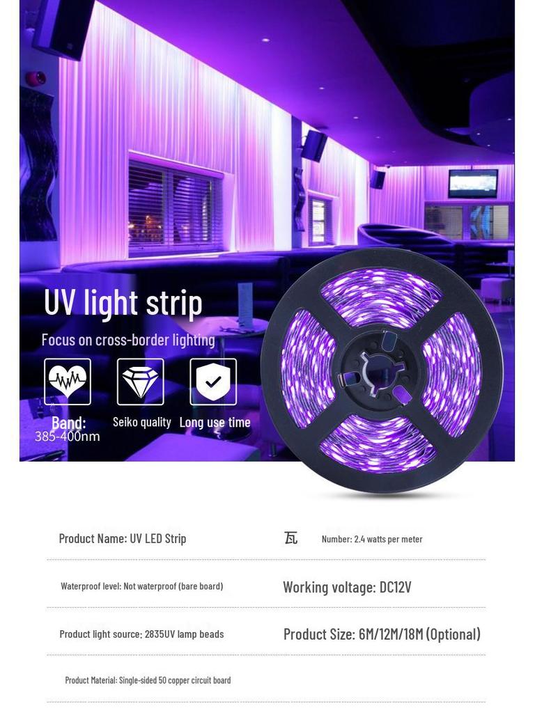 LED UV Schwarzlicht Streifen 12V, 60 Lichter, Flexible Bare Board, Fluoreszierender Lila Party Streifen