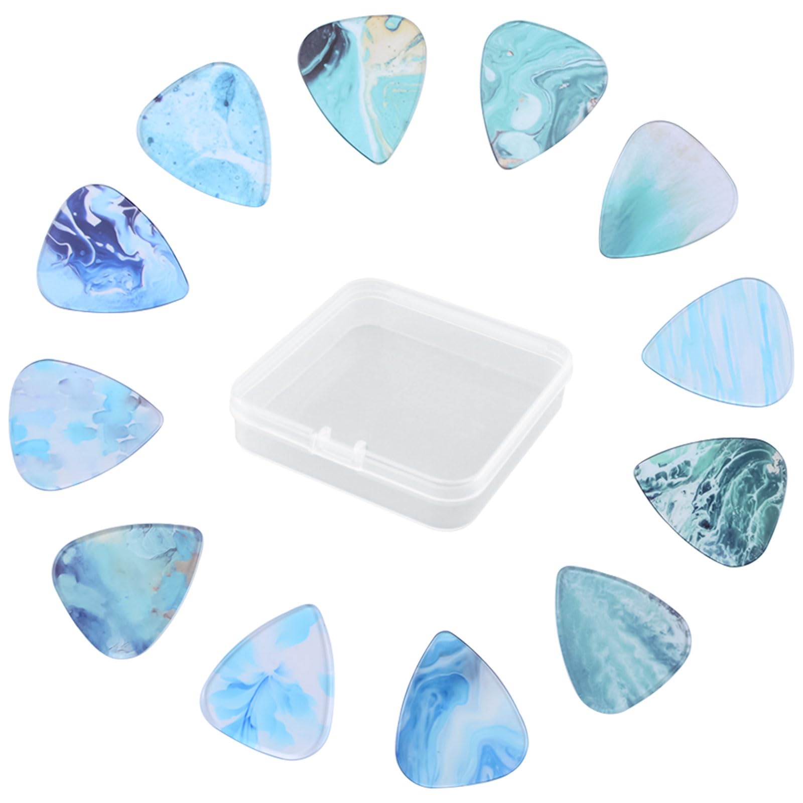 

HOMMDECO Fancy Transparent Guitar Picks, Set of 12, in Three Thick Transparent Square Boxes, Suitable for Bass, Electric Guitar, Ukulele, and