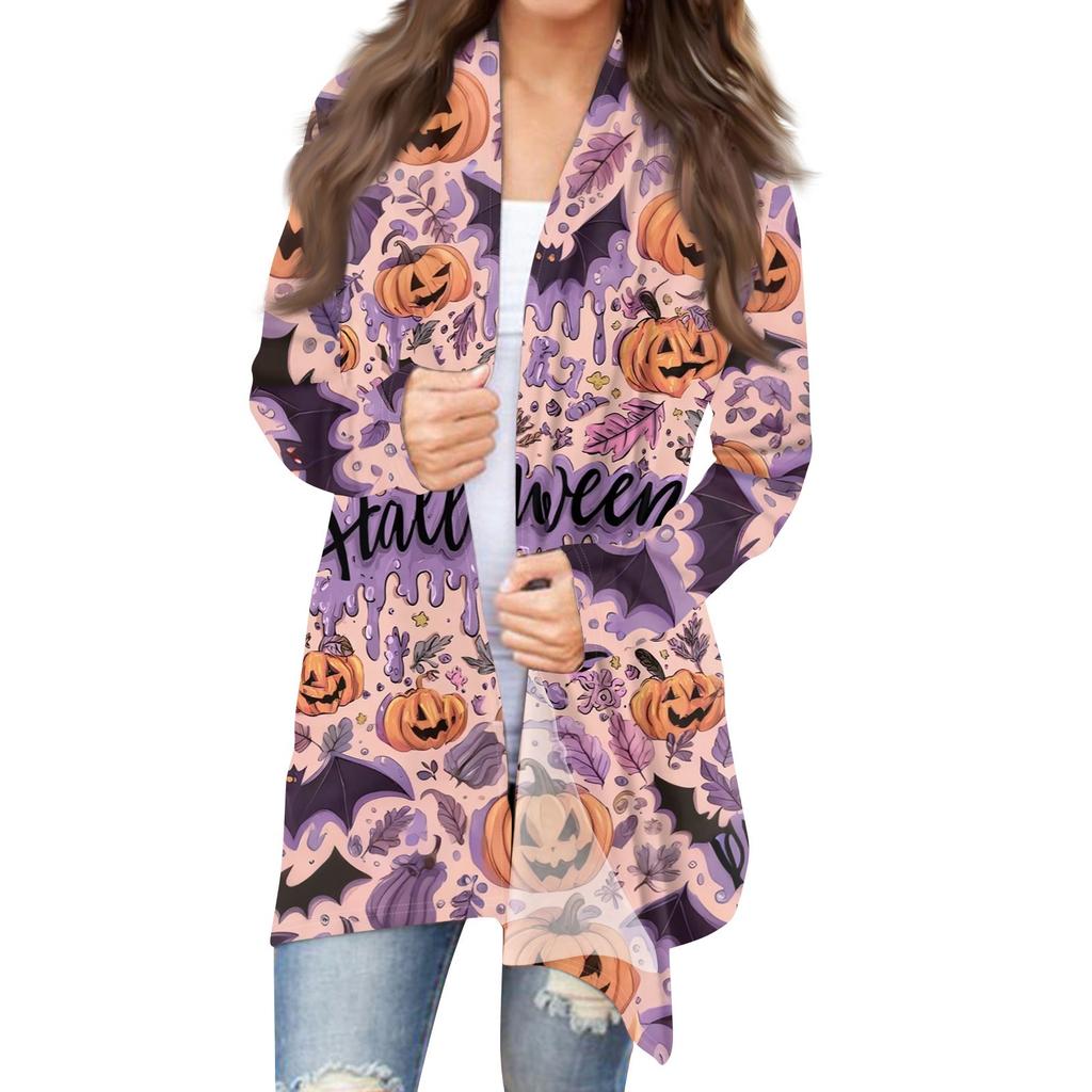 Women's Halloween Print Long Sleeve Front Cardigan Printed Top Lightweight Jacket