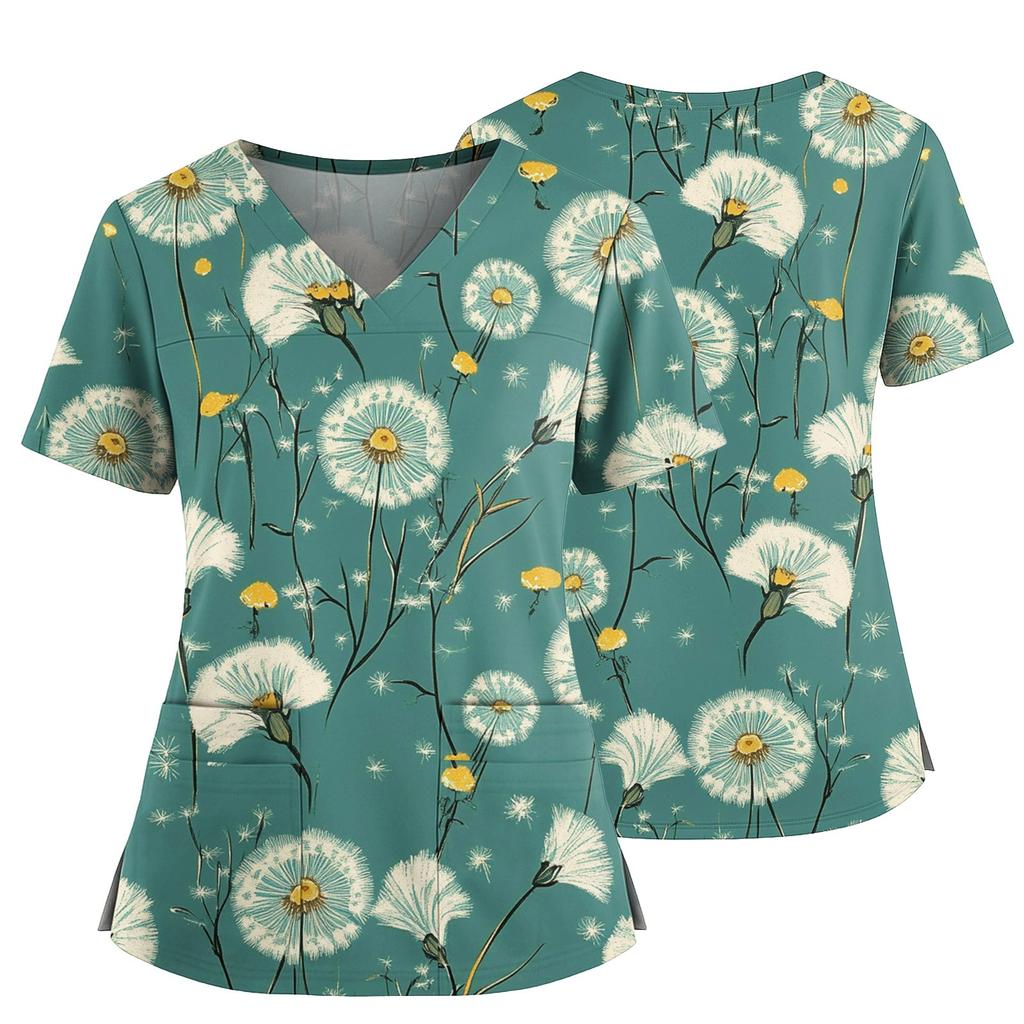 Women's Casual Printed V-Neck Pocket Side Slit Short Sleeved Top Short Sleeved Top