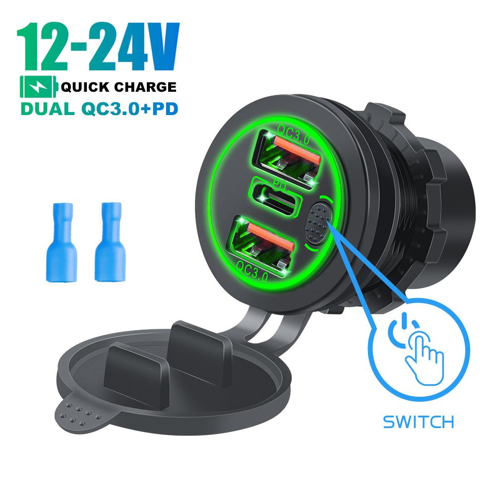 Araba şarjı çift USB C Pd bağlantı noktaları telefon hızlı Qc3.0 otomatik adaptör telefon 12v/24v dokunmatik anahtar ile motosiklet araba için
