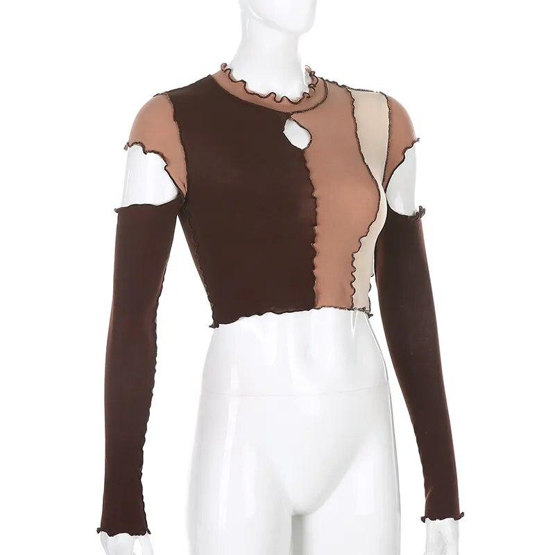 VAYLA Frill T Shirt Cut Out Crop Top For Women Y2K Pullovers Contrast Long Sleeve Short T Shirt Harajuku Clubwear Autumn Top