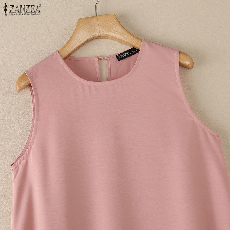 ZANZEA Women Casual Round Neck Solid Color Loose Sleeveless Dress