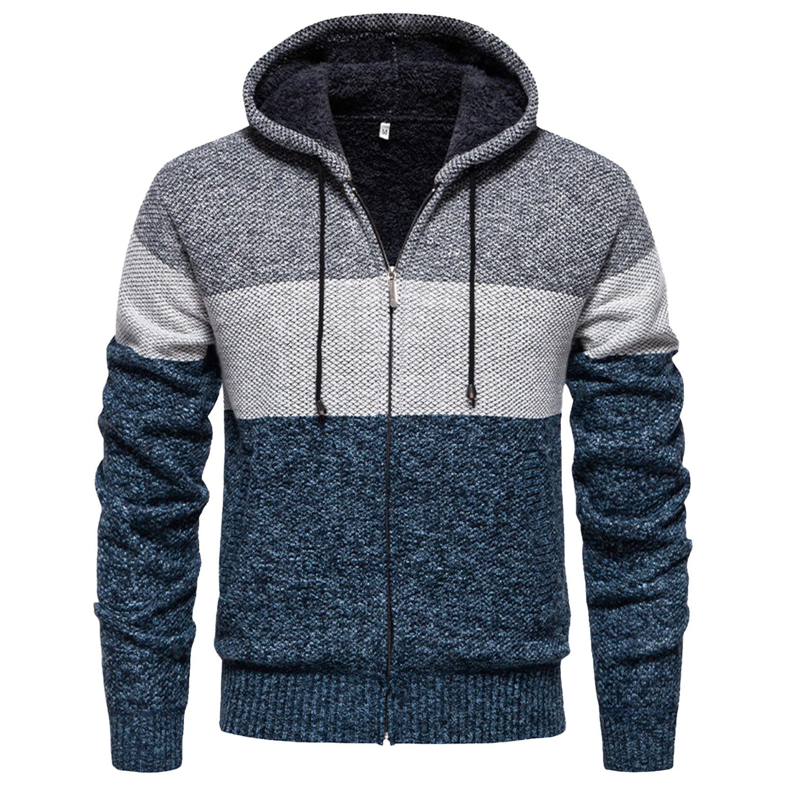 

Мужской свитер с цветными блоками и толстым бархатом, повседневный вязаный свитер, модная куртка с капюшоном для мужчин XL синий