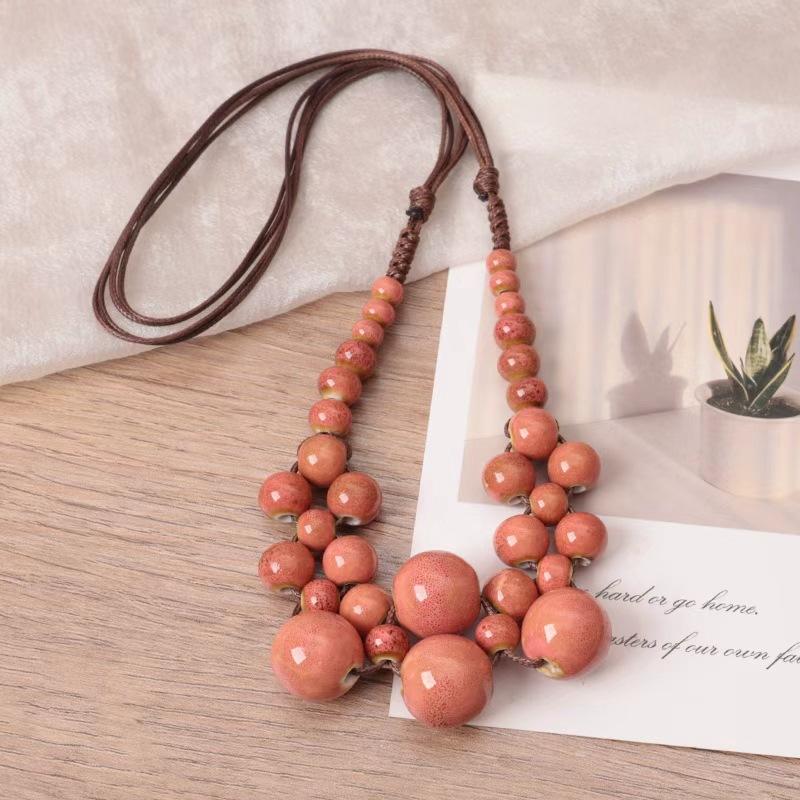 JMXD-Мода Этнический Стиль Бусины Керамические Бусины Ожерелье Бохо Ожерелье Цвет Гравия Ожерелье Женское розовый
